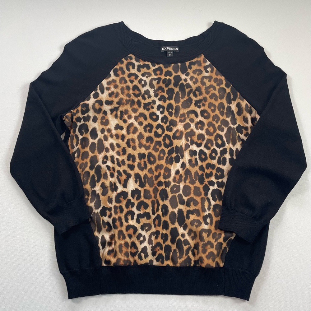 Express Women's Mixed Media Leopard Print Sweater XS Black and Brown
